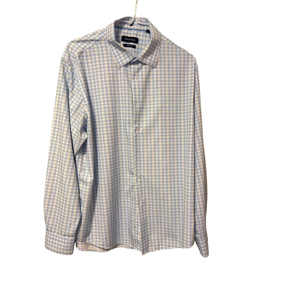 Nautica Mens Slim Fit Gingham Button Down Shirt Blue White Check L 16-16.5 32/33